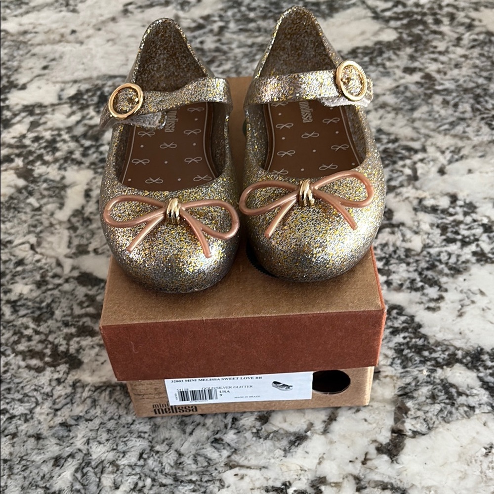 Mini Melissa Gold Glitter Dress Shoes with Bow